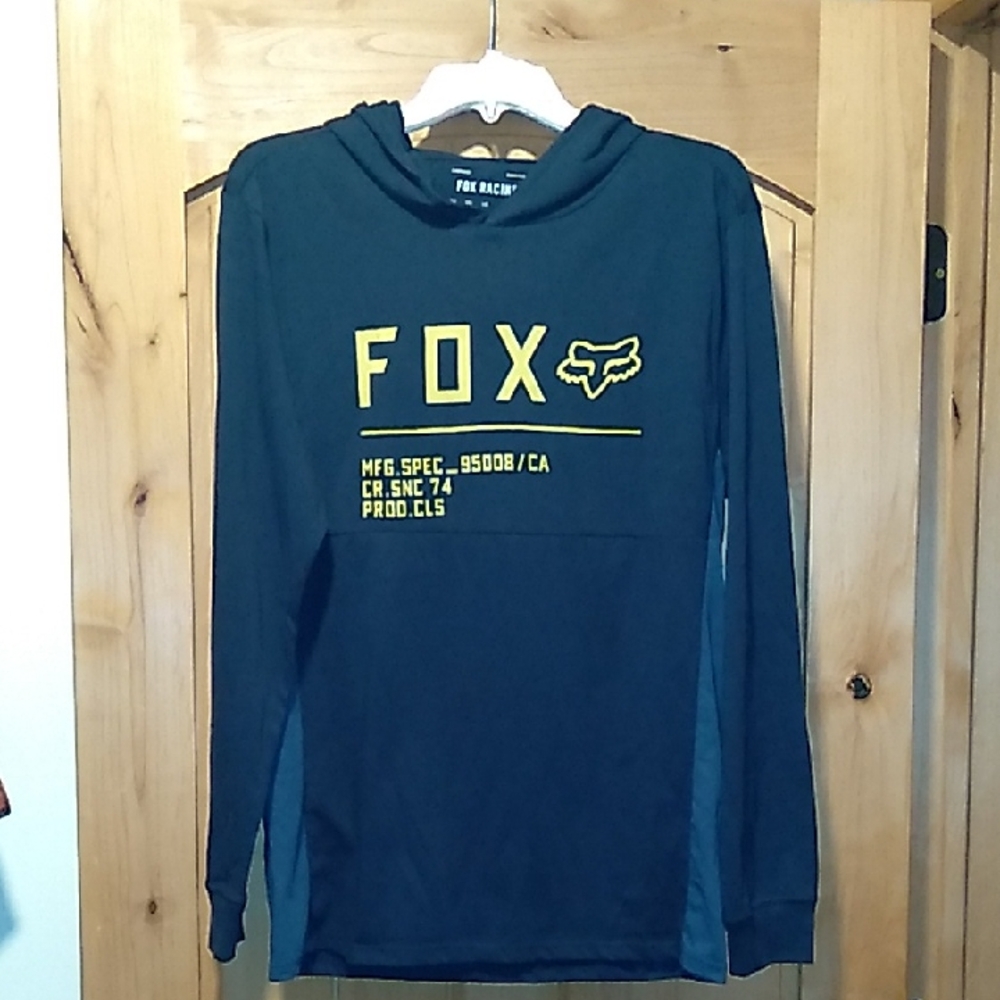 Fox Racing size small navy blue with yellow lettering long sleeve hoodie NWT